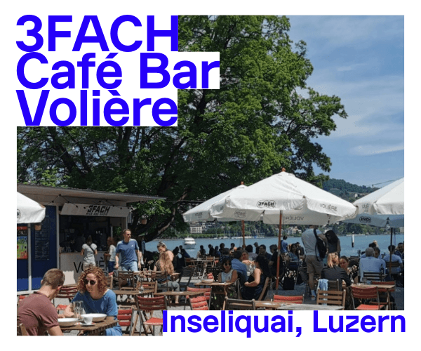 3fach Werbung für Voliere Bar mit Bild von der Buvette